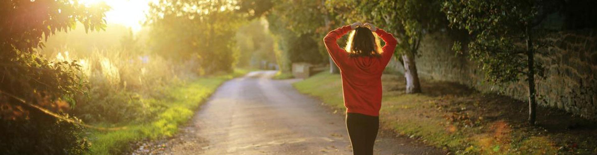 A Person Walking Down a Road with Trees either side and the Sun Shinning Through the Trees