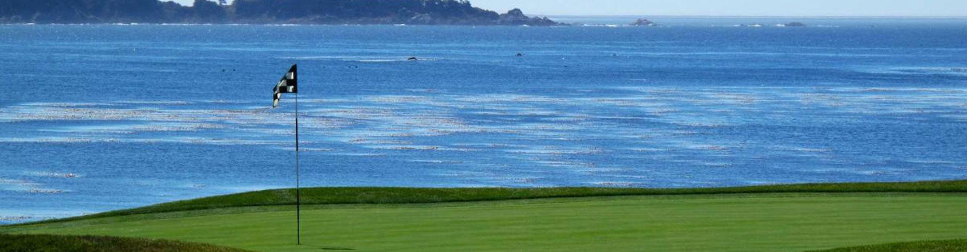 A Golf Green and Hole with Flag next to the Sea